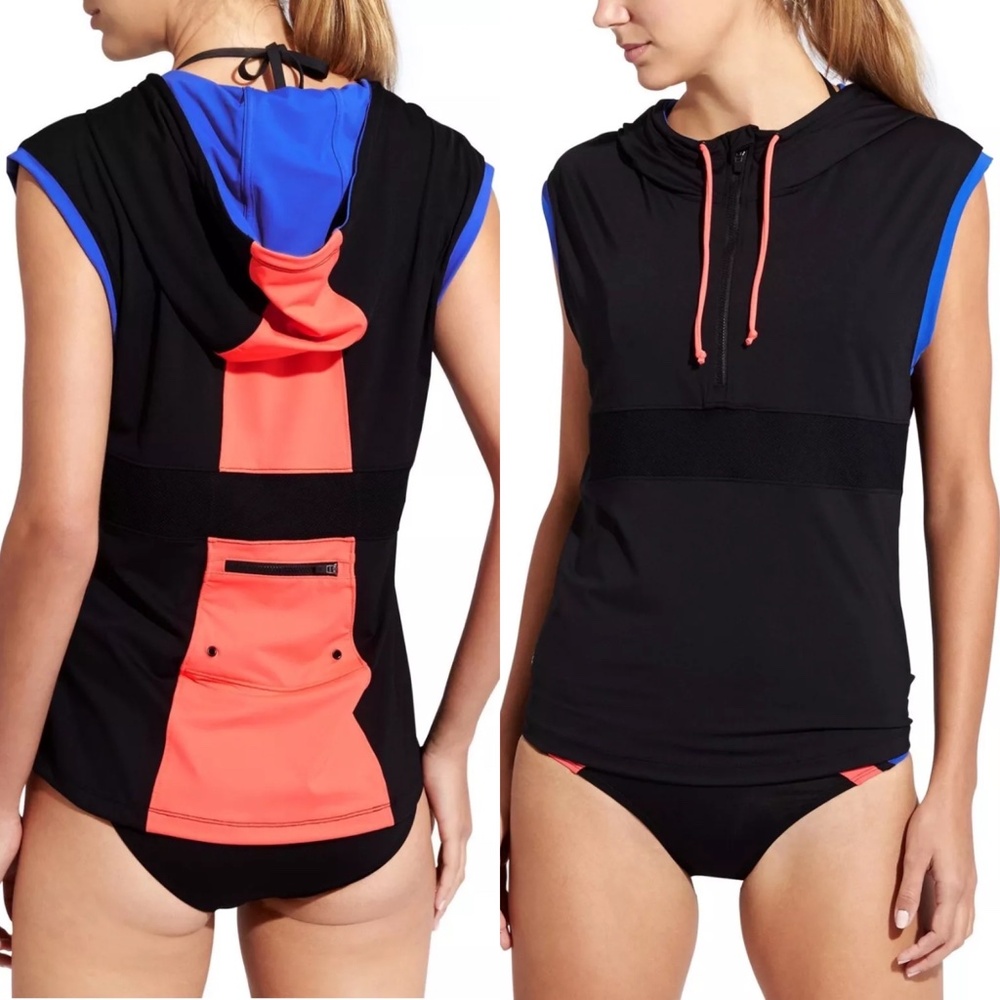 Athleta Colorblock hoodie sun top, black, 1/4 zip, string, pocket in back sz XXS